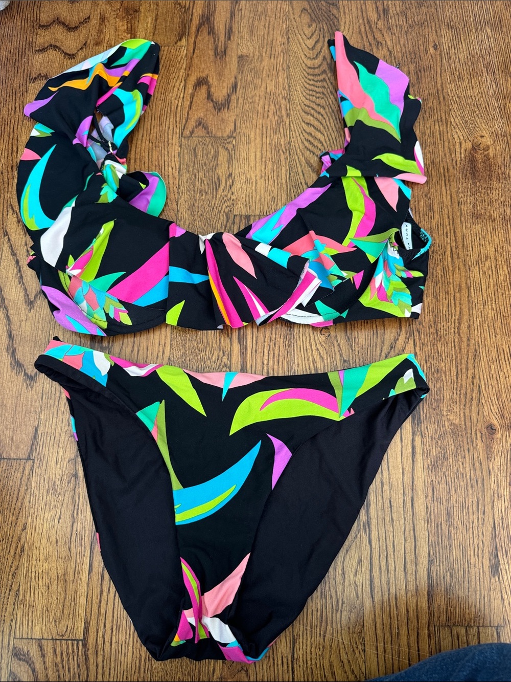 Trina Turk Black Bikini with Neon ruffled Accents and reversible bottom